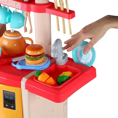 Игровой набор Кухня детская игровая, кран с водой,еда меняет цвет, телефон  на бат., свет, звук, в компл.65 предметов, цв.красн., в/к 59*50*20см купить  оптом в интернет-магазине Джамбо Тойз | арт.JB0208147