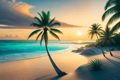 Море, пальмы, закат, лазурное море, …» — создано в Шедевруме