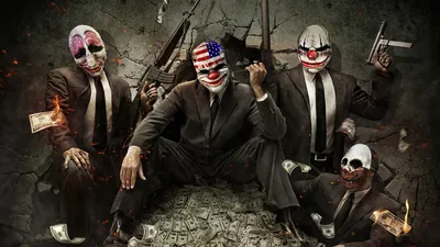 Обои payday 2, маска, ограбление, черный фон на рабочий стол