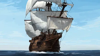 Обои на рабочий стол Пиратский корабль ночью в море, обои для рабочего стола,  скачать обои, обои бесплатно