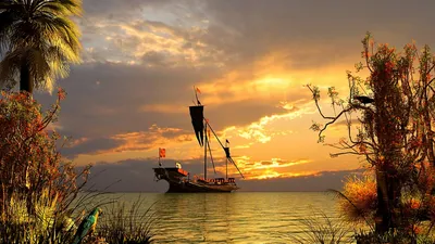 Обои море, корабль, парусник, луна на рабочий стол