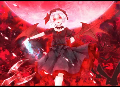 Обои на рабочий стол Remilia Scarlet / Ремилия Скарлет на фоне кровавой  луны и стаи летучих мышей, из серии компьютерных игр Тохо / Touhou Project,  обои для рабочего стола, скачать обои, обои бесплатно