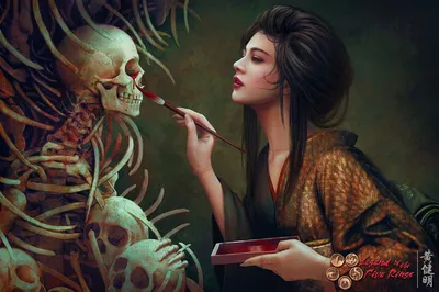 Обои на рабочий стол Гейша Mrika / Мрика рисует кровавые слезы на черепе из  игры Legend of the Five Rings / Легенда о Пяти Кольцах, by Mario Wibisono,  обои для рабочего стола,