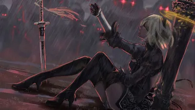 Картинки katana, sword, butt, ass, art, nier: automata, 2b, nier - обои  1920x1080, картинка №382119