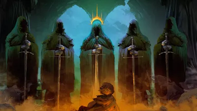 Обои на рабочий стол Всадники Ночи из фильма Властелин Колец / The Lord of  the Rings в черной одежде, с капюшонами на голове, сидят верхом на лошадях,  обои для рабочего стола, скачать